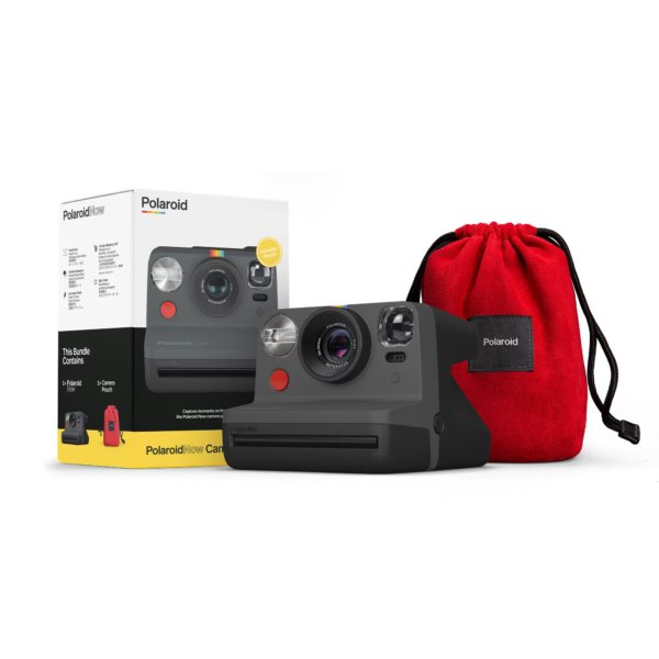 Paquete Polaroid Now con cámara negra y estuche de viaje rojo